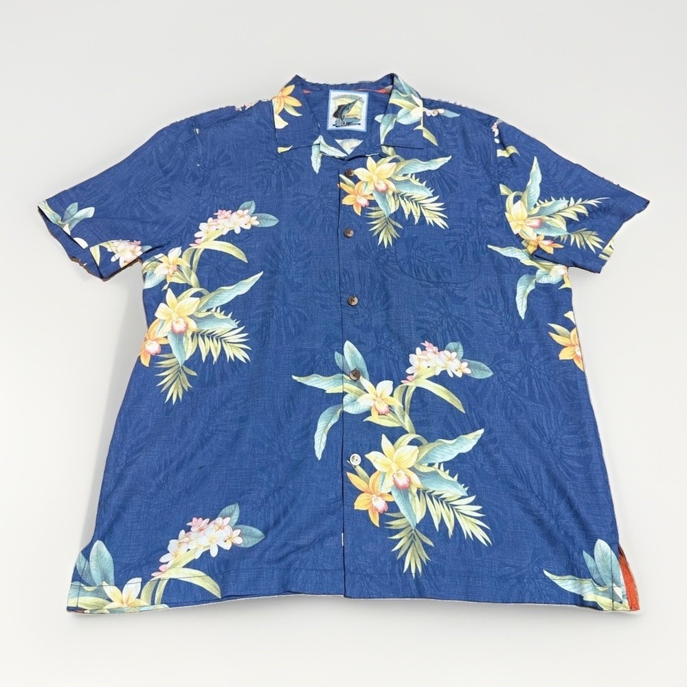 Tommy Bahama Silk Shirt Large L Tropical Floral loop collar 25 Years of Paradise